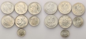 II RP. 2, 5 i 10 zlotych 1932-1935, group 7 coins 
1 x 2 złote 1933 głowa kobiety1 x 5 złotych 1933 głowa kobiety3 x 10 złotych 1932 głowa kobiety 1 ...