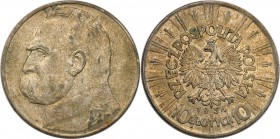 II RP. 10 zlotych 1934 Pilsudski 
Połysk menniczy przebijający spod zielonkawej patyna. Rzadki rocznik.Fischer OB 023
Waga/Weight: 22,04 g Ag Metal:...