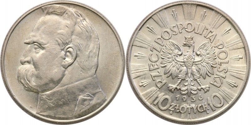 II RP. 10 zlotych 1936 Pilsudski 
Bardzo ładny, świeży egzemplarz. Połysk.Parch...