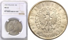 II RP. 10 zlotych 1937 Pilsudski NGC MS62 
Pięknie zachowana moneta. Połysk delikatna patyna. Rzadsza moneta w takim stanie zachowania.Parchimowicz 1...