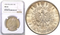 II RP. 10 zlotych 1939 Pilsudski NGC MS64 
Moneta z wyjątkowo piękną patyną, doskonałe zachowanymi detalami i połyskiem menniczym. Rzadsza w tym stan...