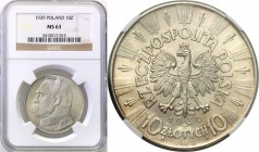 II RP. 10 zlotych 1939 Pilsudski NGC MS63 
Pięknie zachowany egzemplarz, połysk menniczy, delikatna patyna.Rzadsza moneta w takim stanie zachowania. ...
