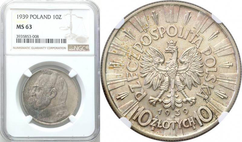 II RP. 10 zlotych 1939 Pilsudski NGC MS63 
Moneta pokryta starą patyną podkreśl...