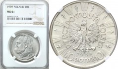 II RP. 10 zlotych 1939 Pilsudski NGC MS61 
Wyśmienicie zachowana moneta. Blask menniczy na całej powierzchni.Parchimowicz 124f
Waga/Weight: Metal: Ś...