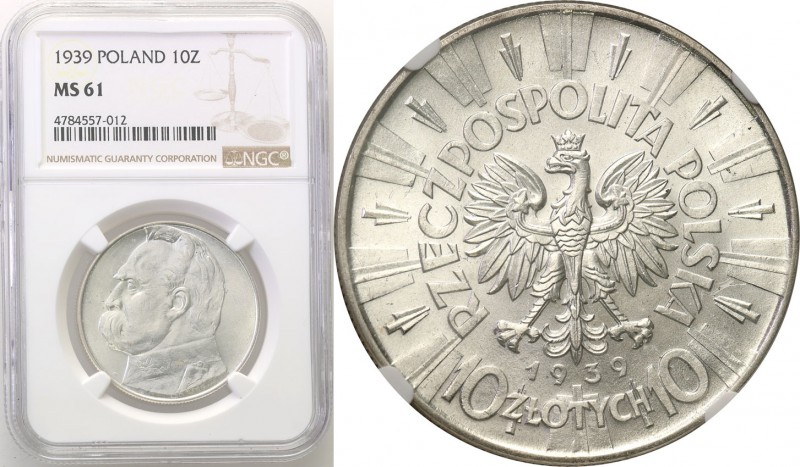 II RP. 10 zlotych 1939 Pilsudski NGC MS61 
Połysk, ostre detale. Bardzo dobra p...