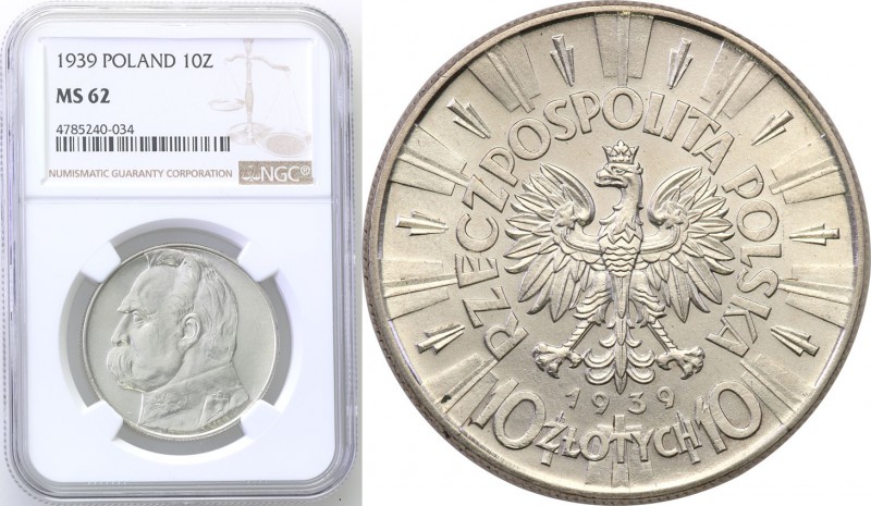 II RP. 10 zlotych 1939 Pilsudski NGC MS62 
Wyśmienicie zachowana moneta. Blask ...