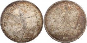 II RP. 5 zlotych 1928 Nike no mint mark 
Moneta bez znaku w menniczym stanie zachowania występuje niezwykle rzadko. Kolorowa patyna podkreślająca det...