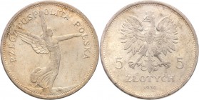 II RP. 5 zlotych 1930 Nike 
Zachowany w dużej mierze połysk menniczy, wyraźne detale. Ładna, delikatna patyna. Rzadka moneta, szczególnie w takim sta...