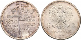 II RP. 5 zlotych 1930 Sztandar 
Piękny egzemplarz ze świeżego stempla. Połysk, ładna patyna. Jedna rysa przy lewej łapie orła.Rzadka w takim stanie z...