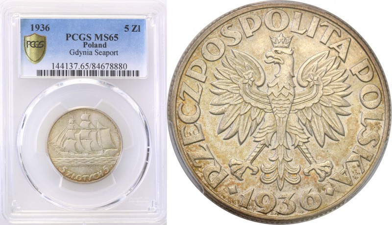 II RP. 5 zlotych 1936 Sailing boat PCGS MS65 (MAX) 
Najwyższa nota gradingowa n...