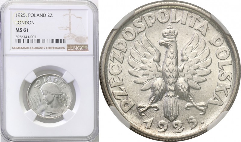 II RP. 2 zlote 1925, Londyn, dot after date NGC MS61 
Piękny, menniczy egzempla...