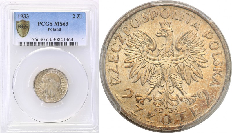 II RP. 2 zlote 1933 Women Head PCGS MS63 
Menniczy egzemplarz z piękną złocistą...