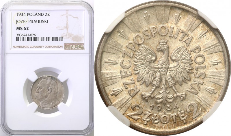 II RP. 2 zlote 1934 Pilsudski NGC MS62 
Fischer OB 011; Parchimowicz 111aPiękni...