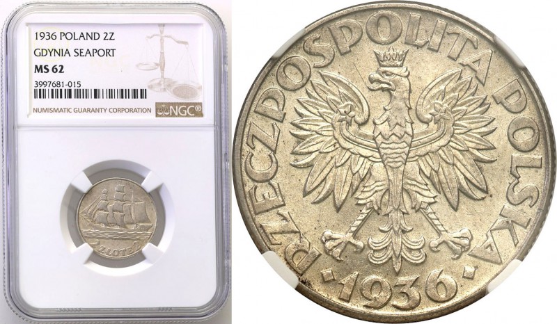 II RP. 2 zlote 1936 Sailing boat NGC MS62 
Piękny egzemplarz, połysk menniczy. ...