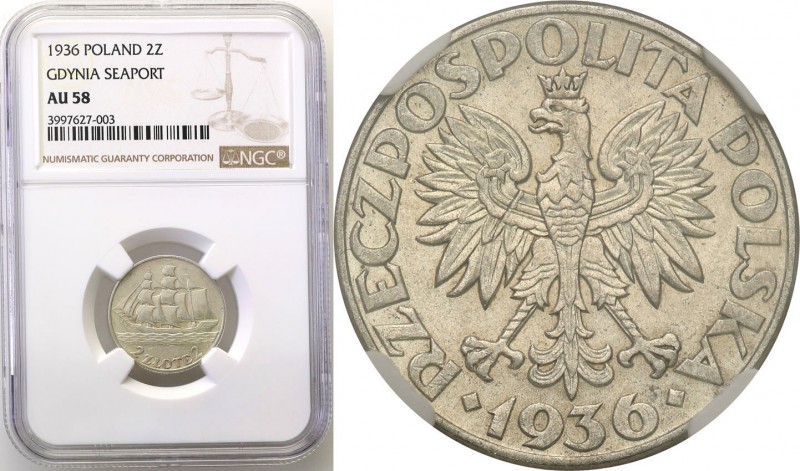 II RP. 2 zlote 1936 Sailing boat NGC AU58 
Bardzo ładny, świeży egzemplarz. Zac...