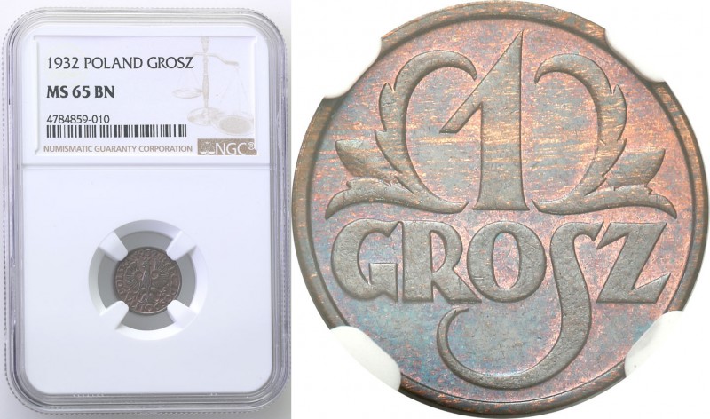 II RP. 1 grosz 1932 NGC MS65 BN (2 MAX) 
Wyśmienicie zachowana moneta z piękną ...