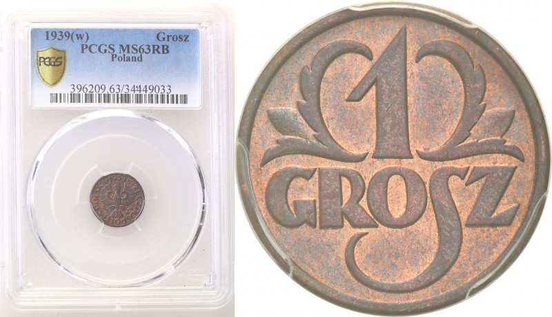 II RP. 1 grosz 1939 PCGS MS63 RB 
Menniczy egzemplarz wyjęty prosto z rulonu ba...