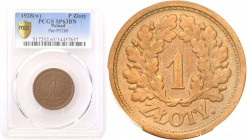II RP. PROBA / PATTERN bronze 1 zloty 1928 PCGS SP63 BN (MAX) 
Bardzo rzadka moneta próbna wybita w nakładzie 32 sztuk. Projektant J. Aumiller.Najwyż...