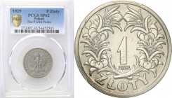 II RP. PROBA / PATTERN Nickel 1 zloty 1929 PCGS SP62 
Moneta wybita w niklu, w niskim nakładzie 115 egzemplarzy. Na rewersie, pod cyfrą 1 wypukły nap...