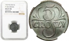 II RP. PROBA / PATTERN bronze 5 groszy 1923 NGC MS67+ BN (MAX) - UNIQUE! 
Najwyższa nota na świecie. Pierwszy rocznik bicia monety pięciogroszowej ok...