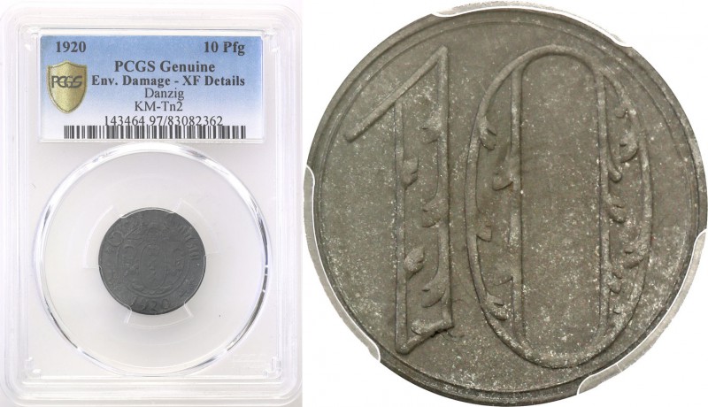 Wolne Miasto Gdańsk/Danzig. 10 fenig 1920 Big digit PCGS XF 
Bardzo ładny, świe...