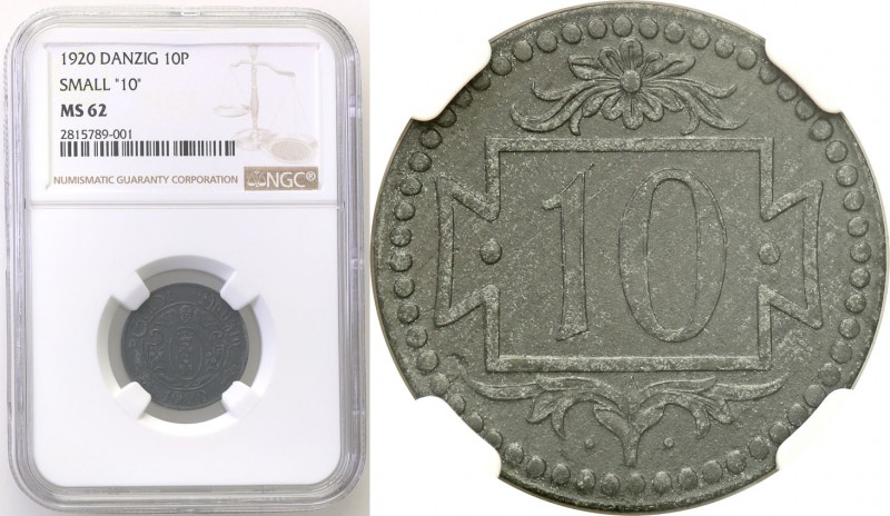 Wolne Miasto Gdańsk/Danzig. 10 fenig 1920 zinc, Small digit NGC MS62 
Odmiana z...