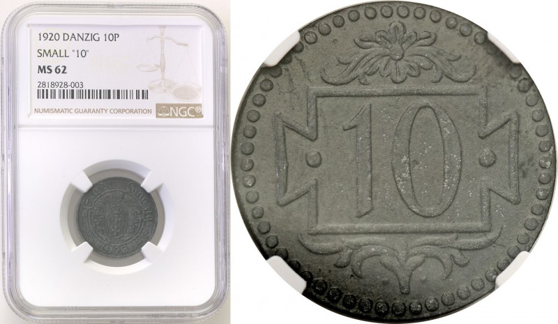 Wolne Miasto Gdańsk/Danzig. 10 fenig 1920 zinc, Small digit NGC MS62 
Rzadki ty...