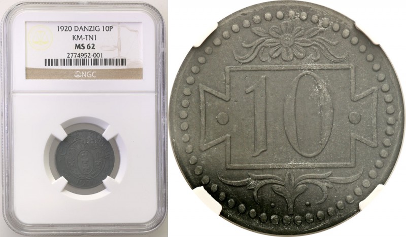 Wolne Miasto Gdańsk/Danzig. 10 fenig 1920 zinc, Small digit NGC MS62 
Typ O.10 ...