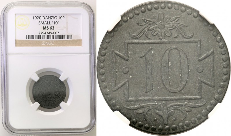 Wolne Miasto Gdańsk/Danzig. 10 fenig 1920 zinc, Small digit NGC MS62 
Rzadki ty...