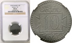 Wolne Miasto Gdańsk/Danzig. 10 fenig 1920 zinc, Small digit NGC MS62 
Rzadki typ B z 57 perełkami. Pyzata twarz aniołka. Na rewersie dłuższa, przechy...