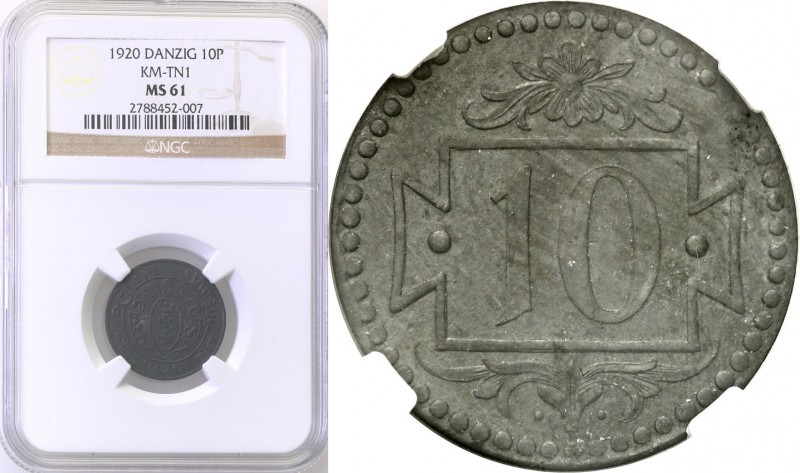 Wolne Miasto Gdańsk/Danzig. 10 fenig 1920 zinc, Small digit NGC MS61 
Odmiana z...