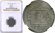 Wolne Miasto Gdańsk/Danzig. 10 fenig 1920 zinc, Small digit NGC MS61 
Odmiana z 56 perełkami. Aniołek z grubszą, pulchną twarzą. Duży ozdobnik trójli...