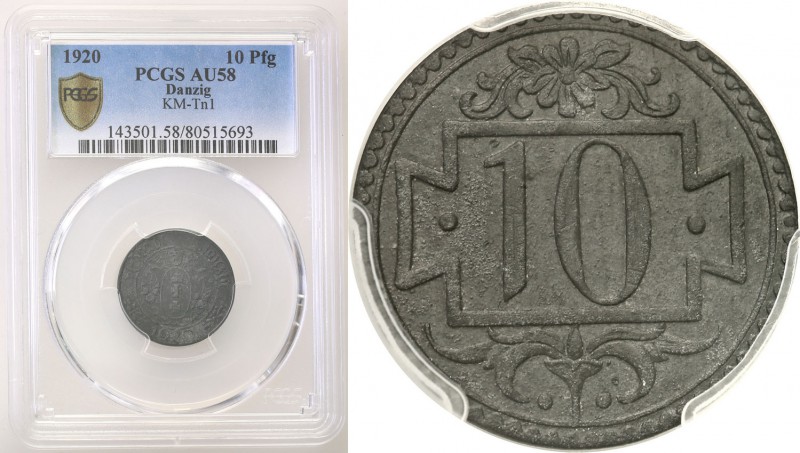 Wolne Miasto Gdańsk/Danzig. 10 fenig 1920 zinc, Small digit PCGS AU58 
Odmiana ...