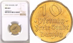 Wolne Miasto Gdańsk Danzig. 10 fenig 1932 NGC MS66+ (2 MAX) 
Wyszukany egzemplarz monety 10 fenigowej 1932. Druga najwyższa nota NGC - MS 66 z dodatk...