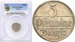 Wolne Miasto Gdańsk/Danzig. 5 fenig 1923 PCGS MS66 (MAX) 
Najwyższa nota gradingowa na świecie w PCGS.Idealnie zachowana moneta z pięknym połyskiem m...