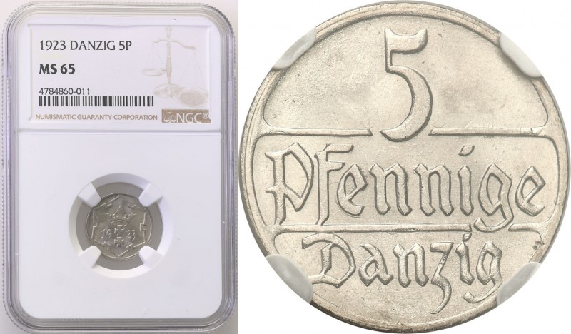 Wolne Miasto Gdańsk/Danzig. 5 fenig 1923 NGC MS65 
Menniczy egzemplarz z mocnym...