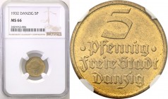Wolne Miasto Gdańsk/Danzig. 5 fenig 1932 NGC MS66 
Idealnie zachowana 5-fenigówka. Ostry detal, połysk, delikatna patyna. Rzadka moneta z tak wysoką ...