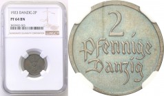 Wolne Miasto Gdańsk/Danzig. 2 fenig 1923 PROOF NGC PF64 BN (2 MAX) 
Druga najwyższa nota gradingowa na świecie.Idealnie zachowana moneta wybita stemp...
