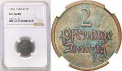 Wolne Miasto Gdańsk/Danzig. 2 fenig 1926 NGC MS66 BN (MAX) 
Najwyższa nota gradingowa na świecie.Po raz pierwszy w ofercie aukcyjnej moneta 2-fenigow...