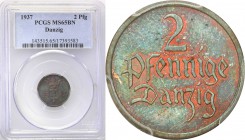 Wolne Miasto Gdańsk/Danzig. 2 fenig 1937 PCGS MS65 BN (2 MAX) 
Najrzadszy rocznik monety 2-fenigowej.Druga najwyższa nota gradingowa w PCGS, tylko je...