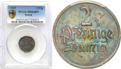 Wolne Miasto Gdańsk/Danzig. 2 fenig 1937 PCGS MS64 BN 
Najrzadszy rocznik monety 2-fenigowej ze wspaniale zachowanymi detalami, intensywnym połyskiem...