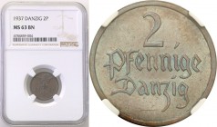 Wolne Miasto Gdańsk/Danzig. 2 fenig 1937 NGC MS63 BN 
Piękna, brązowa patyna na całej powierzchni monety, nieruszony detal, mocny połysk. Najrzadszy ...