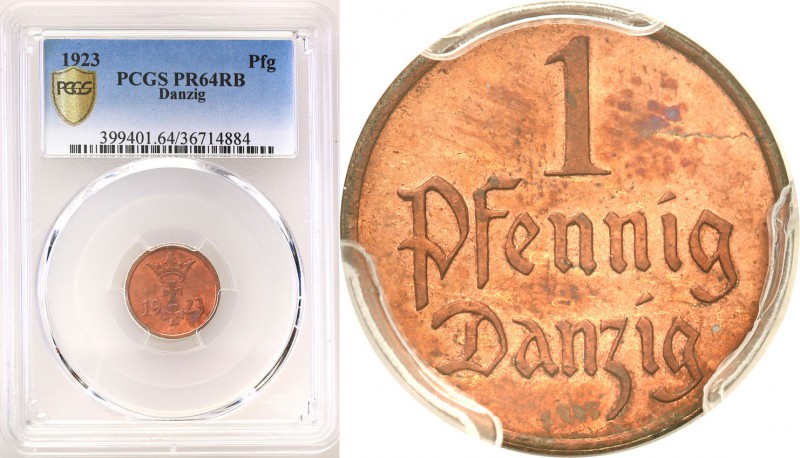 Wolne Miasto Gdańsk / Danzig. 1 fenig 1923 PROOF PCGS PR64 RB 
Bardzo wysoki gr...