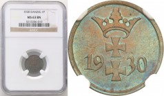 Wolne Miasto Gdańsk / Danzig . 1 fenig 1930 NGC MS63 BN 
Urokliwa moneta z przepiękną niebieską patyną i mocnym połyskiem menniczym. Świetna prezencj...