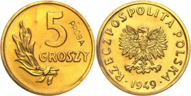PRL. PROBA / PATTERN Brass 5 groszy 1949 
Bardzo rzadka próbna moneta wybita w nakładzie 100 egzemplarzy. Na rewersie wklęsły napis PRÓBA.Menniczy eg...