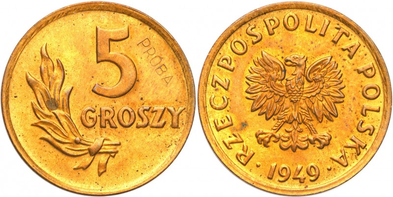 PRL. PROBA / PATTERN Brass 5 groszy 1949 
Na rewersie wklęsły napis PRÓBA. Nakł...