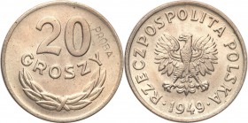 PRL. PROBA / PATTERN Copper-Nickel 20 groszy 1949 
Na rewersie wklęsły napis PRÓBA. Nakład nieznany. Niezmiernie rzadka moneta.Menniczy egzemplarz.&n...