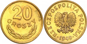 PRL. PROBA / PATTERN Brass 20 groszy 1949 
Bardzo rzadka próbna moneta wybita w nakładzie 100 egzemplarzy. Na rewersie wklęsły napis PRÓBA.Menniczy e...