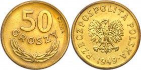 PRL. PROBA / PATTERN Brass 50 groszy 1949 
Bardzo rzadka próbna moneta wybita w nakładzie 100 egzemplarzy. Na rewersie wklęsły napis PRÓBA.Menniczy e...