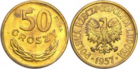 PRL. PROBA / PATTERN Brass 50 groszy 1957 
Bardzo rzadka próbna moneta wybita w nakładzie 100 egzemplarzy. Na rewersie wklęsły napis PRÓBA.Menniczy e...